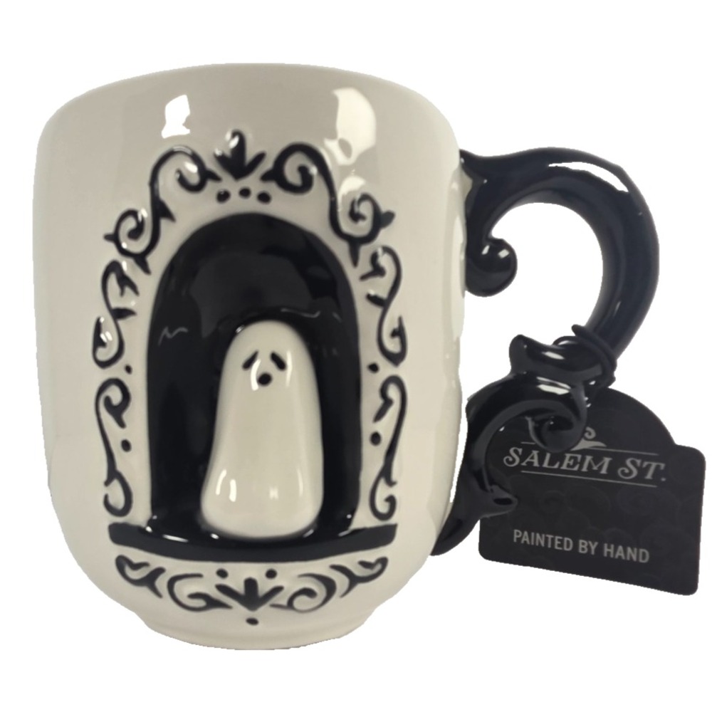 Salem St Ghost Mug 3D Ceramic Black White Halloween Coffee Cup 4.5 Inch Hand Pai